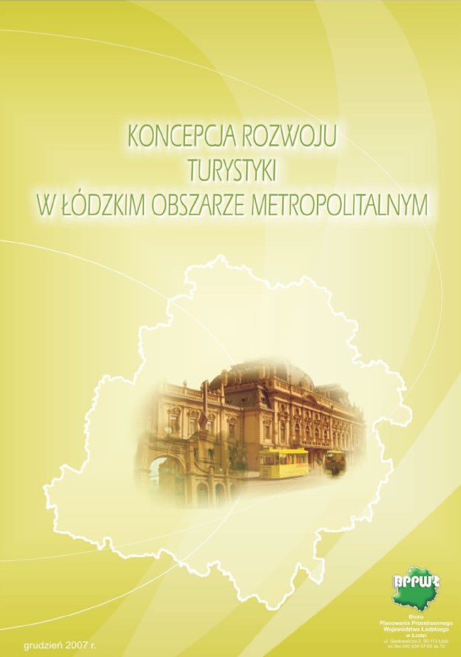 Grafika przedstawia okładkę tytułową dokumentu „Koncepcja rozwoju turystyki w Łódzkim Obszarze Metropolitalnym”, której tło jest w zielono-żółtej kolorystyce z abstrakcyjnymi nakładającymi się, delikatnymi, falistymi kształtami. W środkowej części, w obrysie województwa łódzkiego, na jasnozielonym, wybielonym tle znajduje się fotografia elewacji frontowej reprezentacyjnego, bogato zdobionego, zabytkowego pałacu fabrykanta Izraela Poznańskiego oraz secesyjnej bramy fabrycznej przypominającą łuk triumfalny.  Na górze okładki znajduje się tytuł opracowania pisany wielkimi, zielonymi literami: „KONCEPCJA ROZWOJU TURYSTYKI W ŁÓDZKIM OBSZARZE METROPOLITALNYM”. Na dole okładki, po prawej stronie, znajduje się zielono-biały logotyp BPPWŁ z nazwą oraz adresem biura opracowującego dokument zapisanym białymi literami. Po lewej stronie okładki znajduje się informacja o dacie opracowania „grudzień 2017” białym w kolorze.