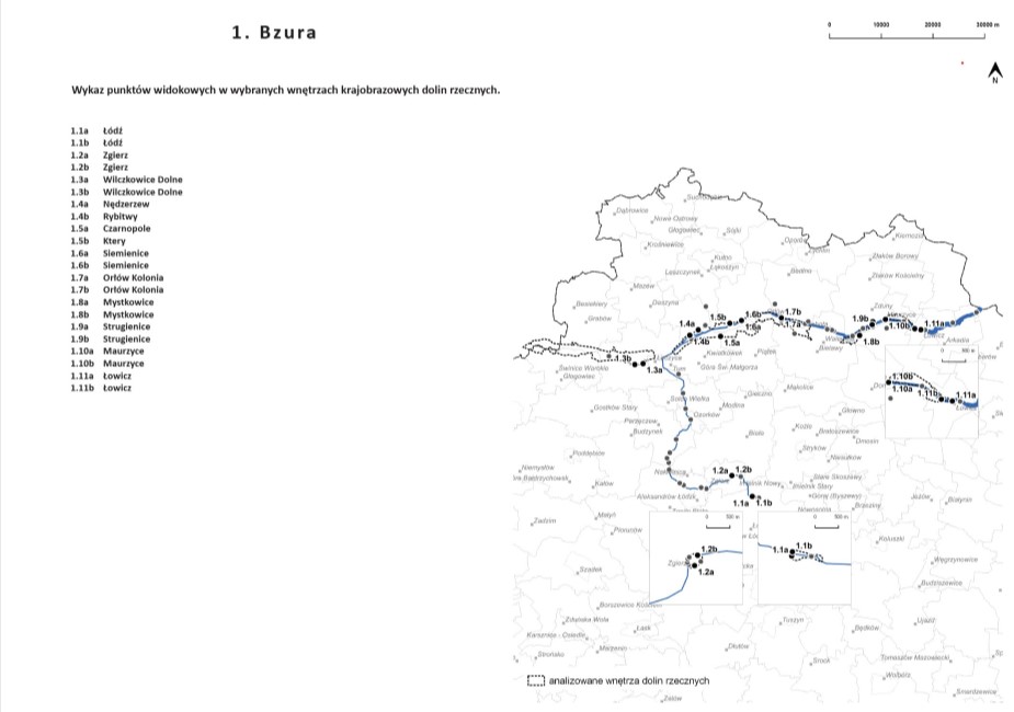 Okładka opracowania „Analiza widokowo – kompozycyjna wybranych wnętrz dolin rzecznych – 1. Bzura” przedstawia po lewej stronie - wykaz 22 punktów widokowych w wybranych wnętrzach krajobrazowych doliny Bzury od 1.1a do 1.11b., pisanych jak w zdaniu czarną czcionką. Po prawej stronie znajduje się fragment mapy województwa łódzkiego, zajmującej niemalże połowę strony, z zaznaczonymi punktami widokowymi w dolinie Bzury oraz trzy powiększenia obszaru. Nad mapą w prawym rogu umieszczono skalę mapy z oznaczeniem kierunku północnego.