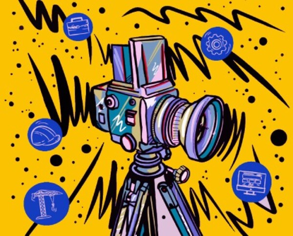 Grafika przedstawia fioletowo- różową kamerę na statywie na żółtym tle, który ma także czarne kreski. Wokół kamery  jest pięć niebieskich kółek, na których narysowane są od lewej : żuraw budowlany, kask, teczka, tryby  oraz komputer. Obrazek ze strony Wydarzenia - Podsumowanie Wojewódzkie - Centrum Rozwoju Edukacji Województwa Łódzkiego. 