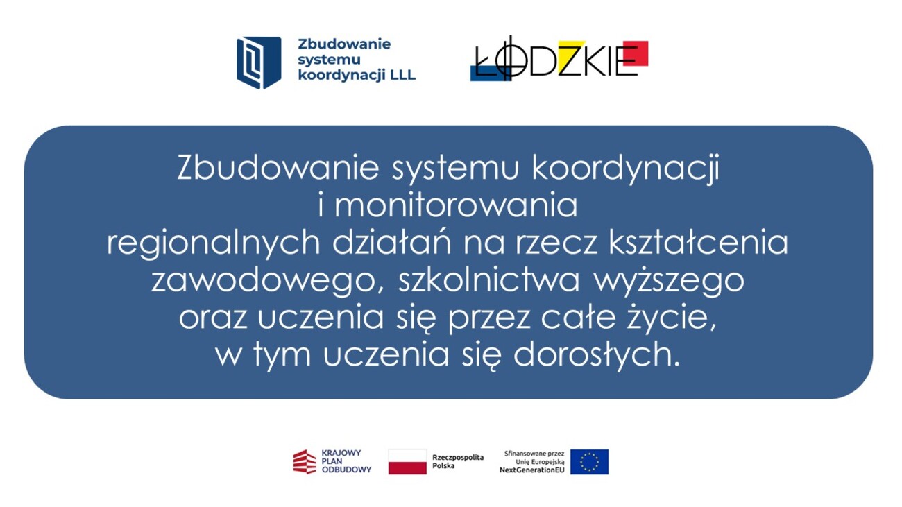 Na grafice widzimy na górze po środku logo Zintegrowanego Sytemu Koordynacji LLL oraz logo Województwa Łódzkiego. Niżej na środku jest tytuł prezentacji : Zbudowanie systemu koordynacji  i monitorowania regionalnych działań na rzecz kształcenia zawodowego, szkolnictwa wyższego oraz uczenia się przez całe życie, w tym uczenia się dorosłych. Poniżej na środku logo Krajowego Planu Odbudowy i Zwiększania Odporności, , flaga Polski , logo Unii Europejskiej.